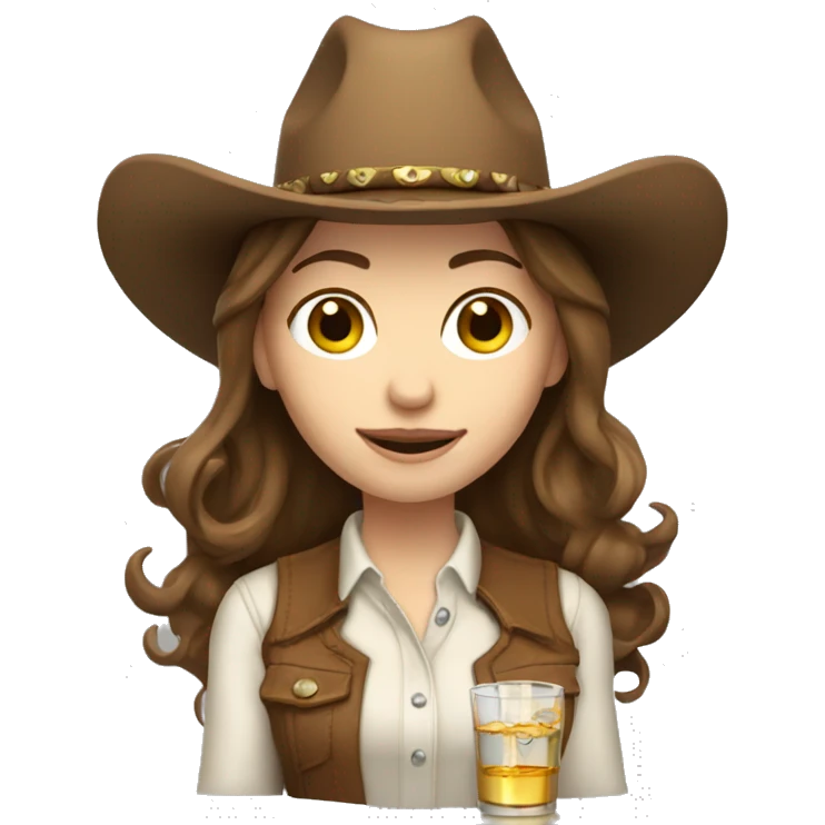 Pale woman, cowgirl, with brown hair and holding tequila  emoji