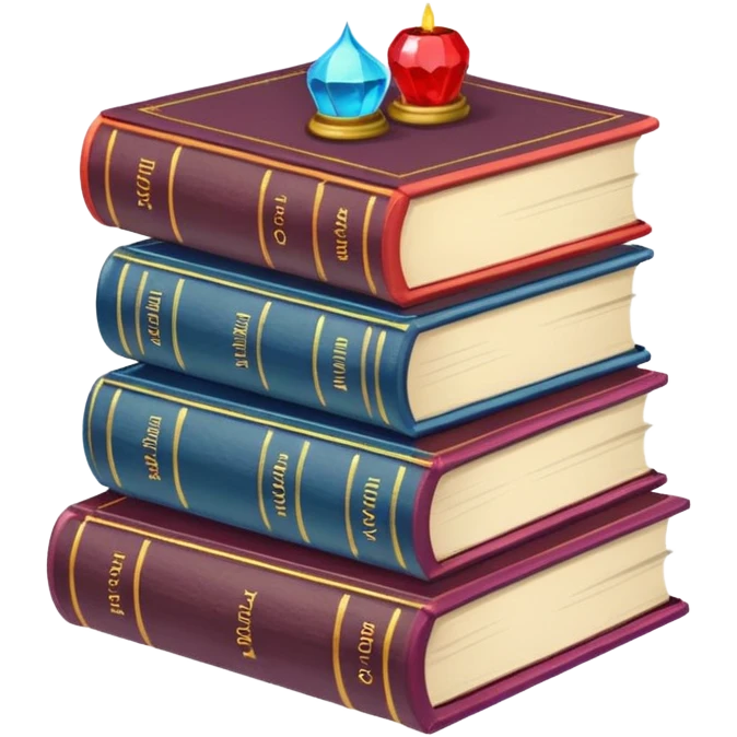 A stack of colorful spellbooks that look like they came out of a fine victorian library emoji