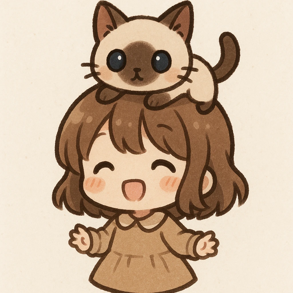 a cute girl with a siamese cat perched on her head, chibi style, adorable and small proportions emoji