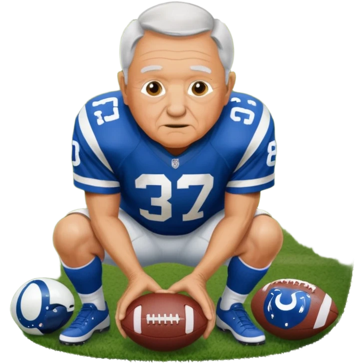 A grandpa playing football wearing an Indianapolis Colts jersey is. Show him kind of crouch down to the ground, holding the football and show the name rivers on the back of his jersey. emoji