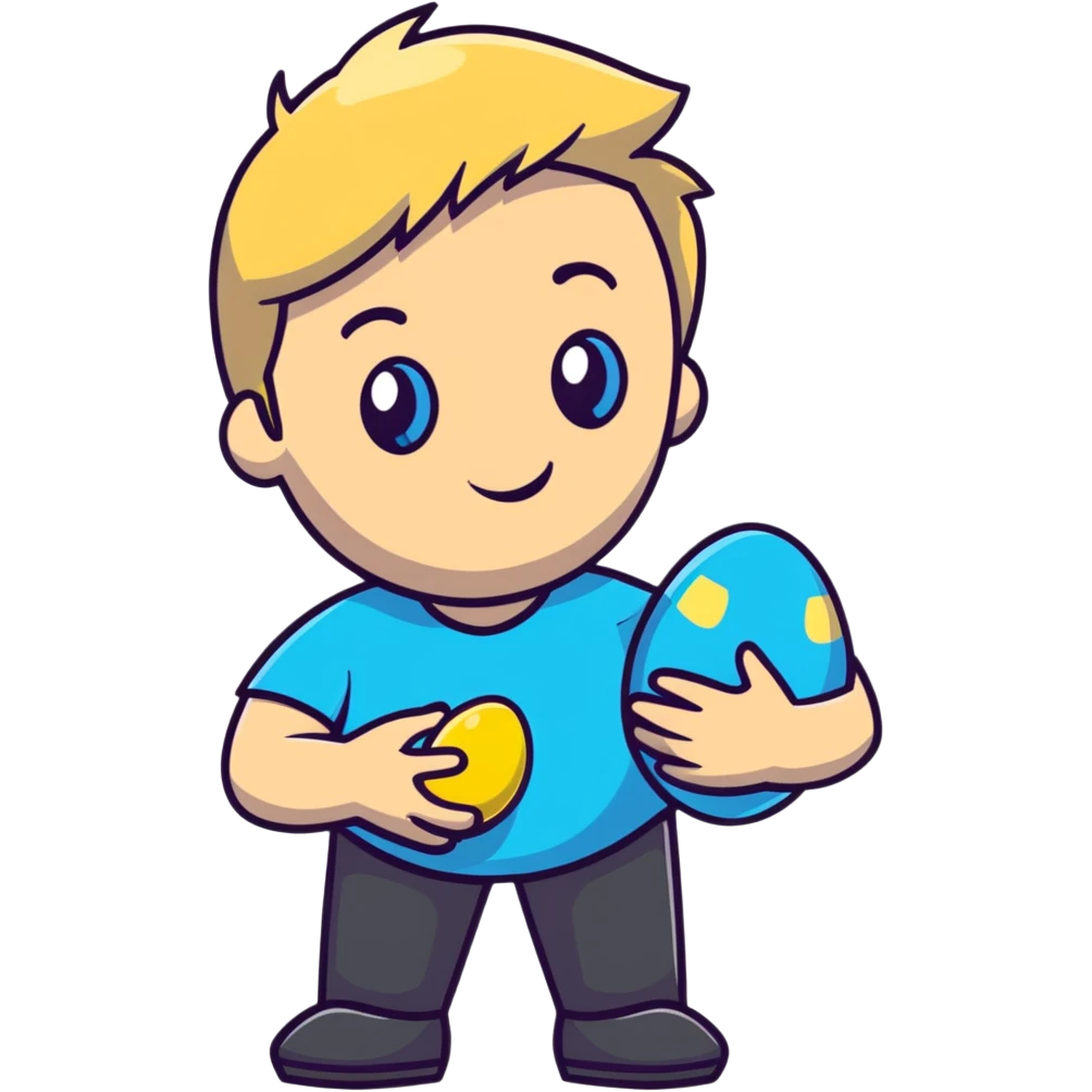 Guy with blonde hair and blue eyes with a short beard with an easter egg in his hand emoji