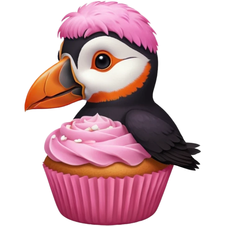 pink head feathers puffin that is pink, eating a muffin that is pink emoji