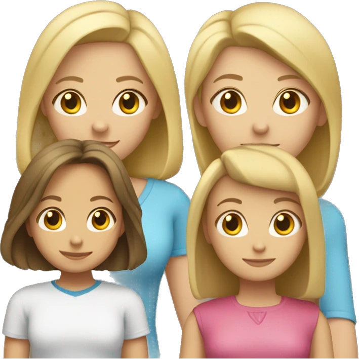 A mom with a bob haircut is a blonde,   A teenage girl with long hair is a blonde,   A younger girl has brown hair,   A 4-year-old boy is blonde. emoji