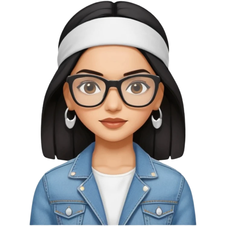 generate a pretty bratz emoji 
Make her wear a white dress with a denim jacket over it. black hair side part with a white headband

She should look exactly  like Deepika padukone. wearing rectangular spectacle emoji