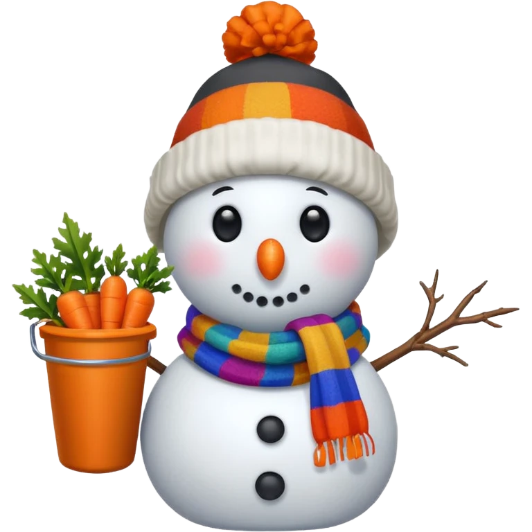 A snowman wearing a colorful scarf and a tiny bucket hat. emoji
