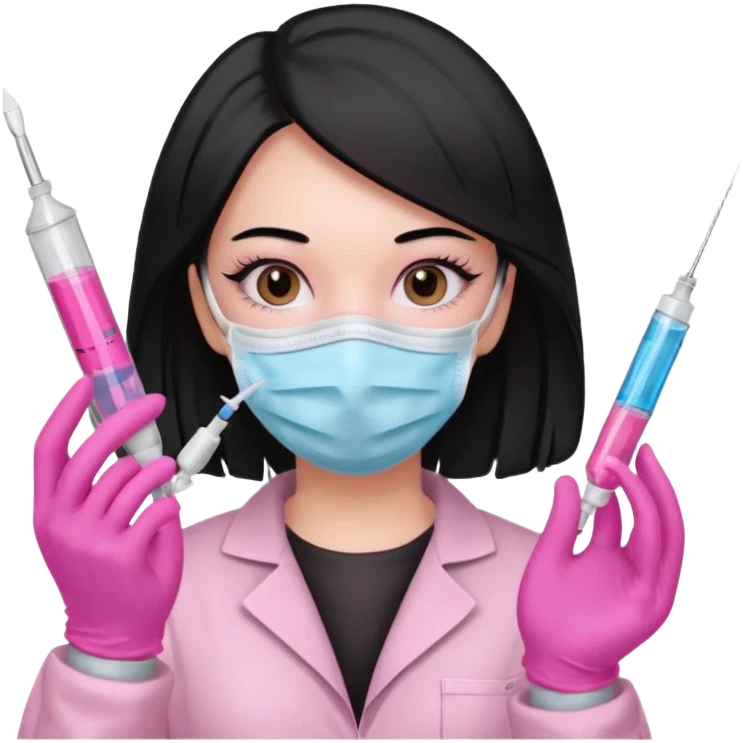 laboratorista con guantes rosa y mascarilla rosa  jeringa tubos  sin lentes pelo lacio negro y largo  emoji