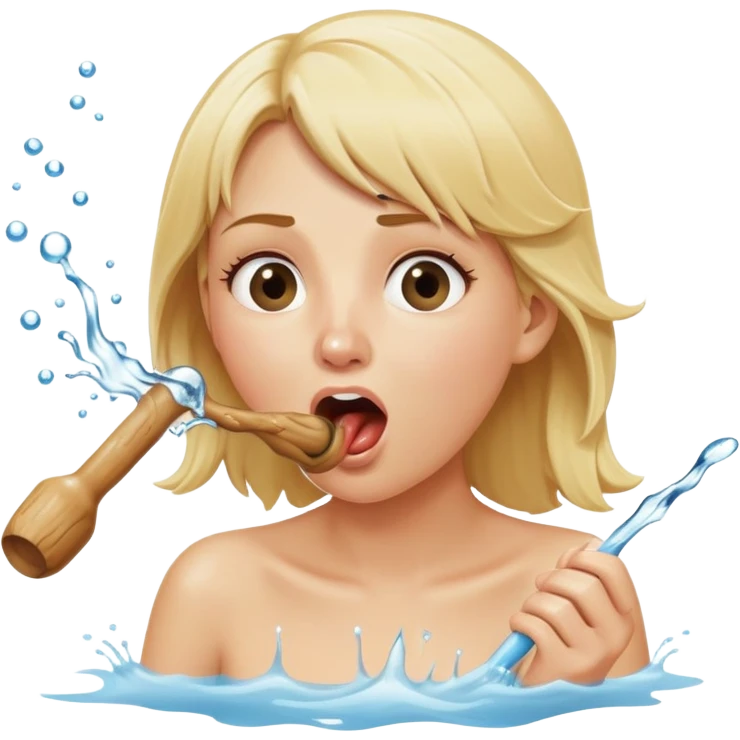 blond woman eating a wide stick with a round knob, both the stick and knob are the same color as her skin, water stream squirting from the knob into her open mouth, surprised expression emoji