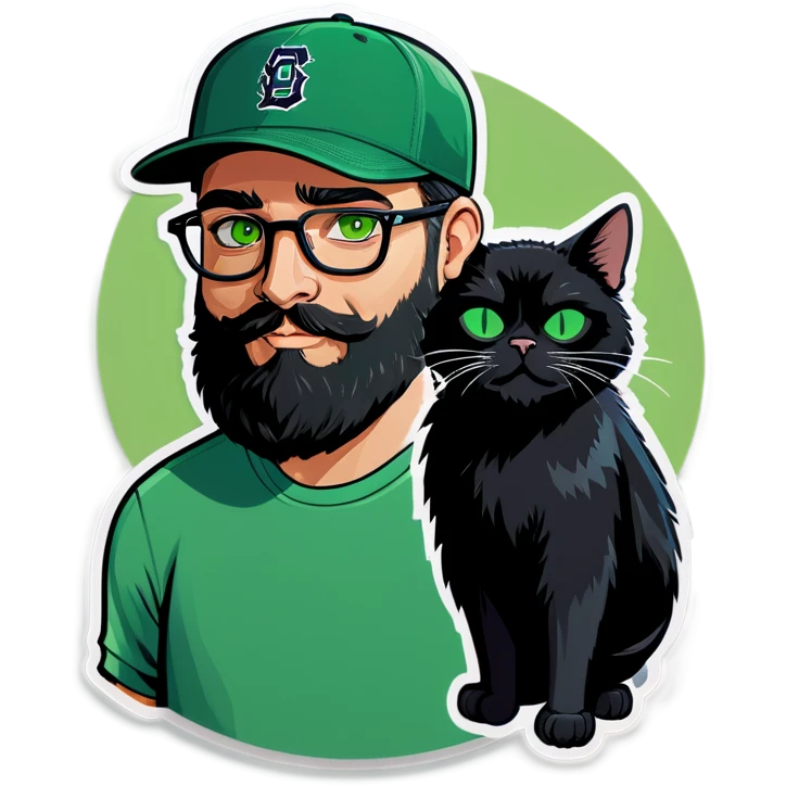 A bold man with a grey baseball cap, green eyes, big beard and glasses holding a black cat emoji