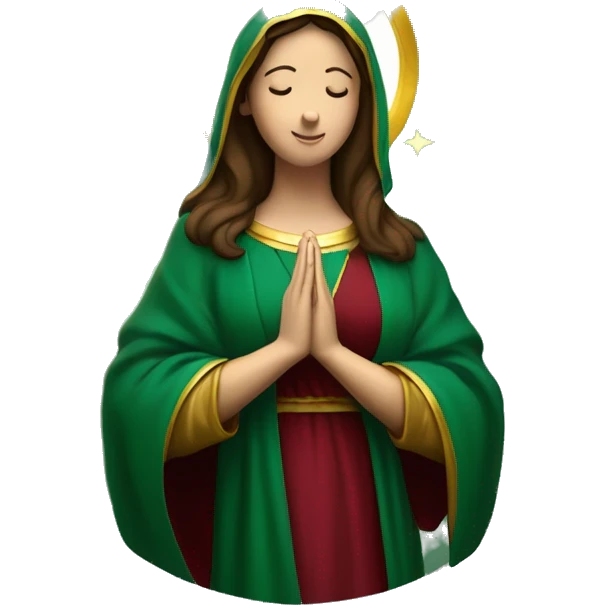 Virgin Mary: kind face looking down at the left, long brown hair, Wearing an emerald green  robe with gold stars and a burgundy red dress,  Hands in prayer or blessing. Halo around her head. standing on a crescent moon.  emoji