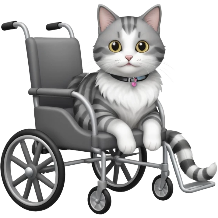 grey and white cat in a pet wheelchair emoji