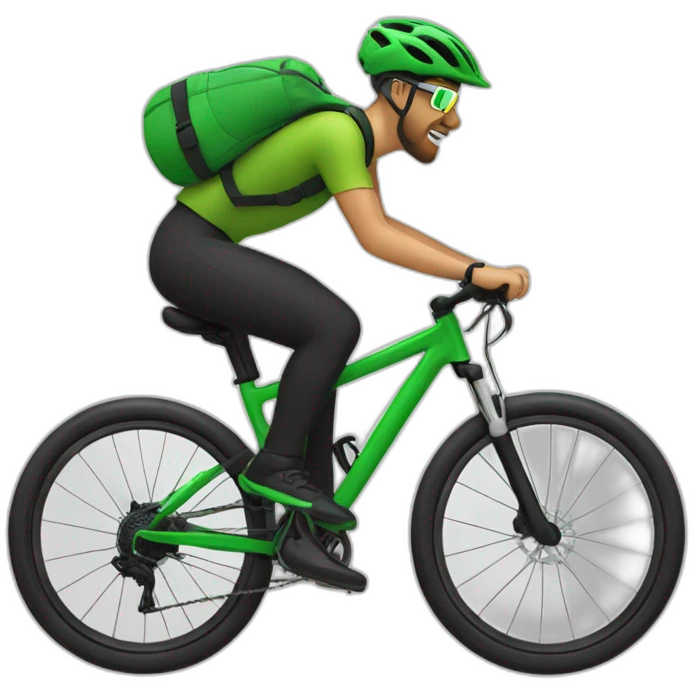 mountain biker with a green bicycle, and black pants, with a scarf and hat, traveling at high speed emoji
