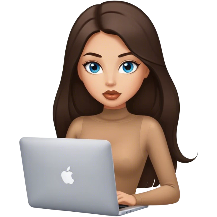 Glamours tanned very beautiful girl with big pump peach lips and dark chocolate straight smooth long hair, blue eyes in brown/beige bodysuit with MacBook emoji