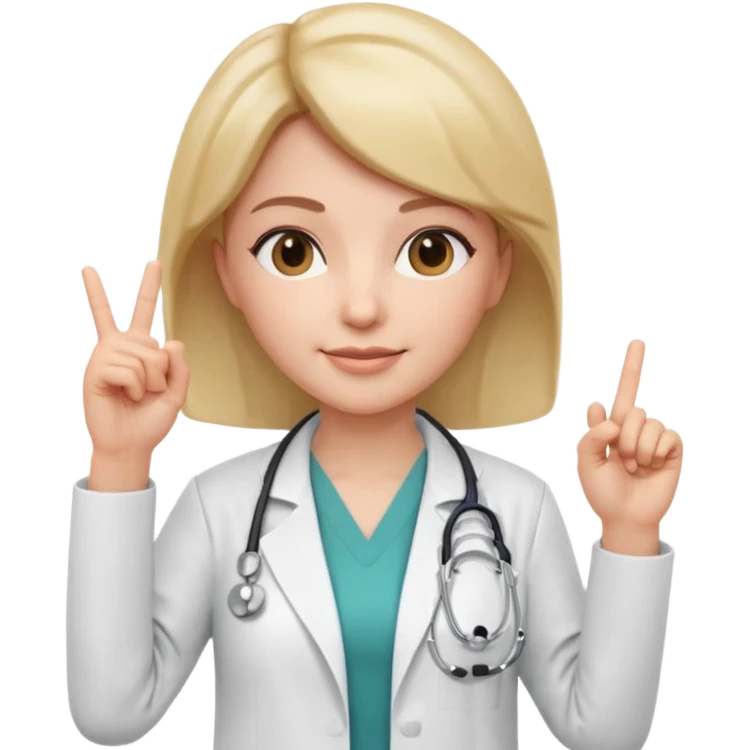 3D memoji style female doctor, white medical coat, stethoscope, raising index finger up like giving important advice, confident facial expression, slight smile, centered, transparent background, emoji