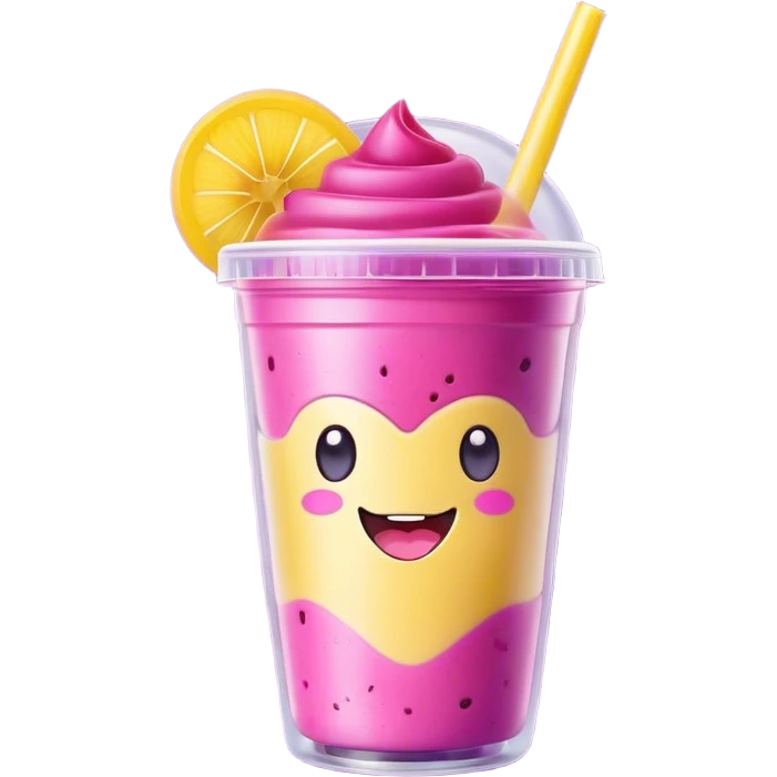 Cute Kawaii Smoothie Cup, filled with blended fruity goodness, a smiling face with excited eyes, bright colorful layers of pink, yellow, and purple, topped with a straw and tiny fruit slices! emoji