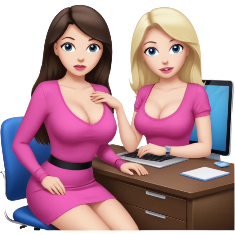 sexy woman brunette, very large breasts, pale skin, blue eyes, long brown hair, tight pink low cut  blouse, big pink lips, short black skirt. at desk next to similar blonde woman.  emoji