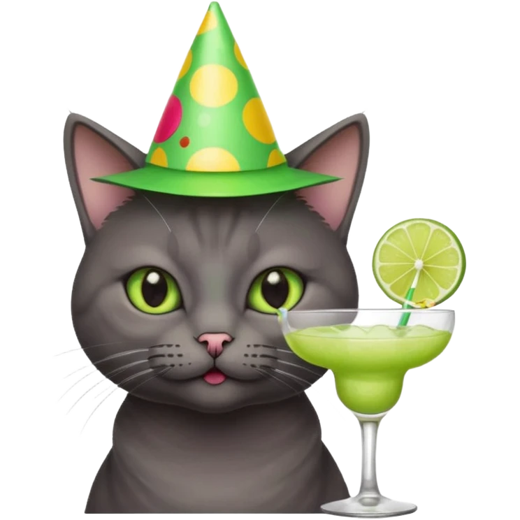 An old, dark grey cat is wearing a party hat, and drinking a margarita. emoji