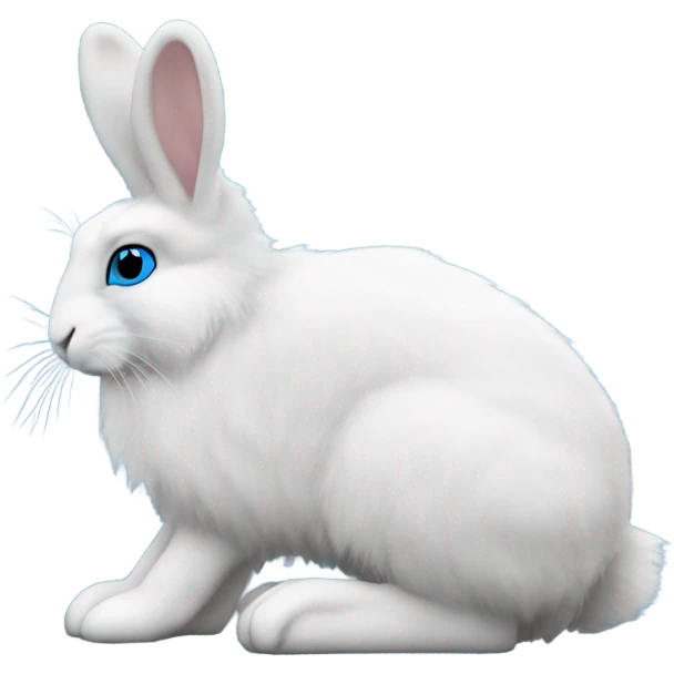 snowshoe hare very fluffy with no feet showing. laying down, side view, blue eyes emoji
