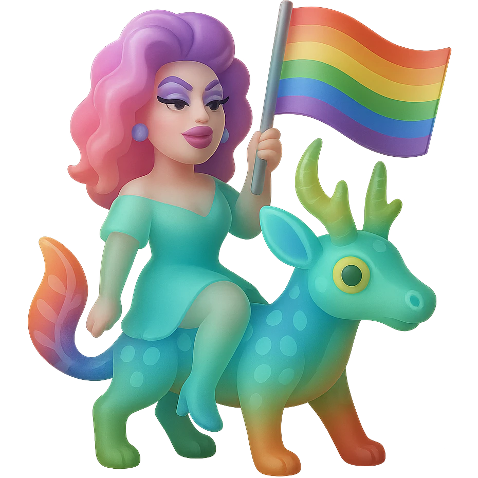 drag queen on an alebrije, holding an LGBTQ flag, in a matte glass style emoji