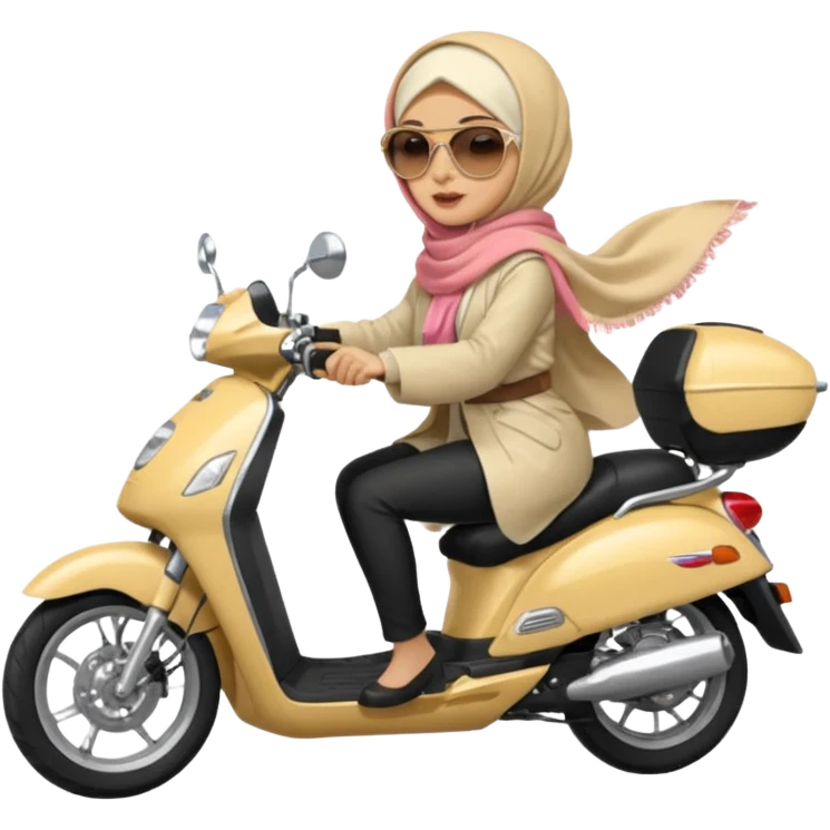 A woman wearing a cream colored pashmina hijab riding a motorbike pcx emoji