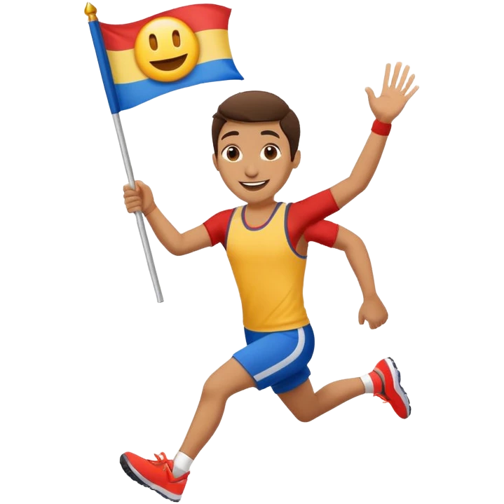 happy runner waving a flag that says 'emojiland' emoji