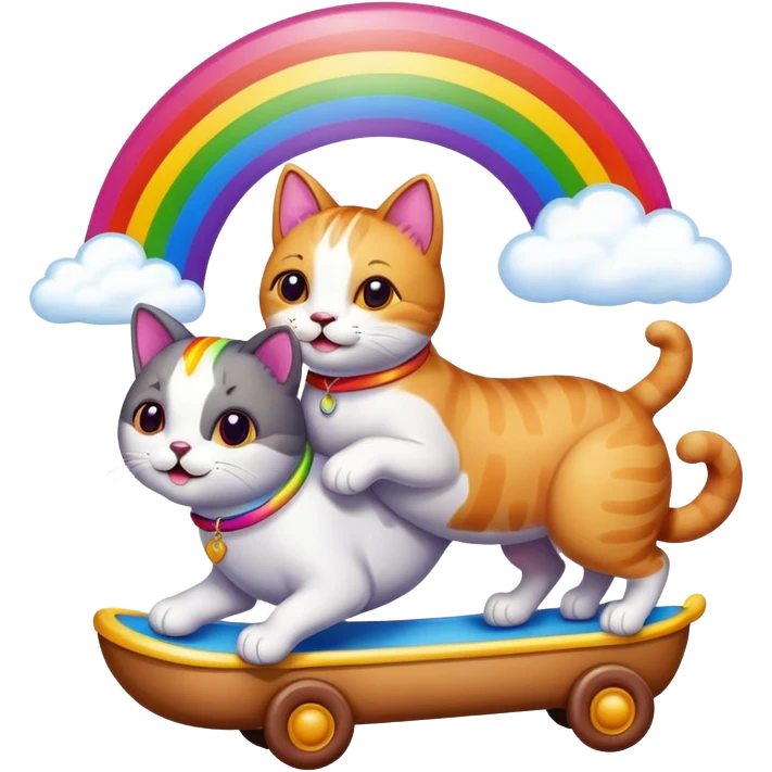 Cat riding a dog with rainbow emoji