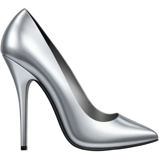 A pair of high heel shoes emoji made of polished silver chrome, elegant sharp silhouette, smooth metallic surface, glossy reflections, luxury sexy vibe, minimalistic iOS emoji style, centered, clean white background emoji