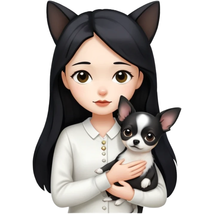 A girl with fair skin, long black hair, white clothes, gently tilting her head, holding a black Chihuahua tightly with both hands emoji