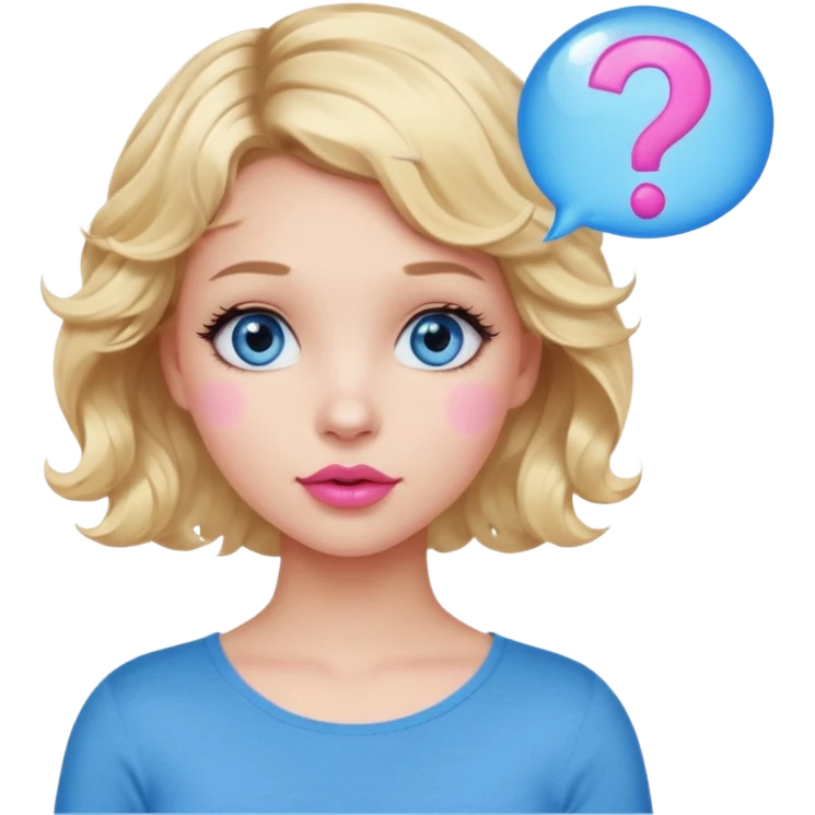 Girl Blonde short wavy hair,  blue eyes, cute blue top, long lashes, pink lips, question mark bubble emoji