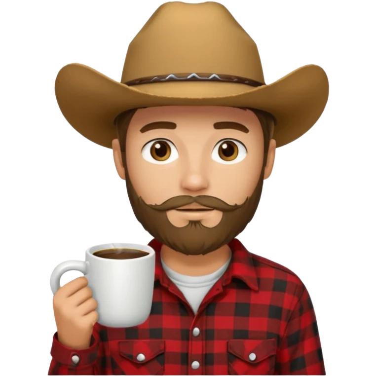 generate an ios genmoji of a 20 year old tan boy with a cowboy hat and french beard. Wearing a flannel and carrying a coffee mug emoji