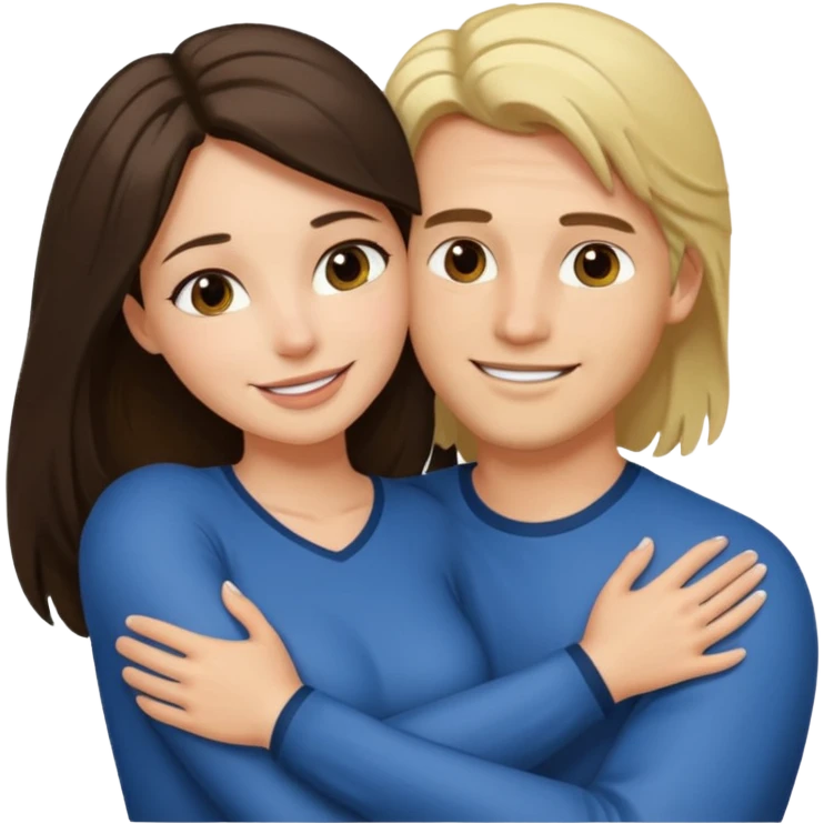 A happy boyfriend and girlfriend hug. She is brunette sexy with long hair. He is blonde short hair emoji