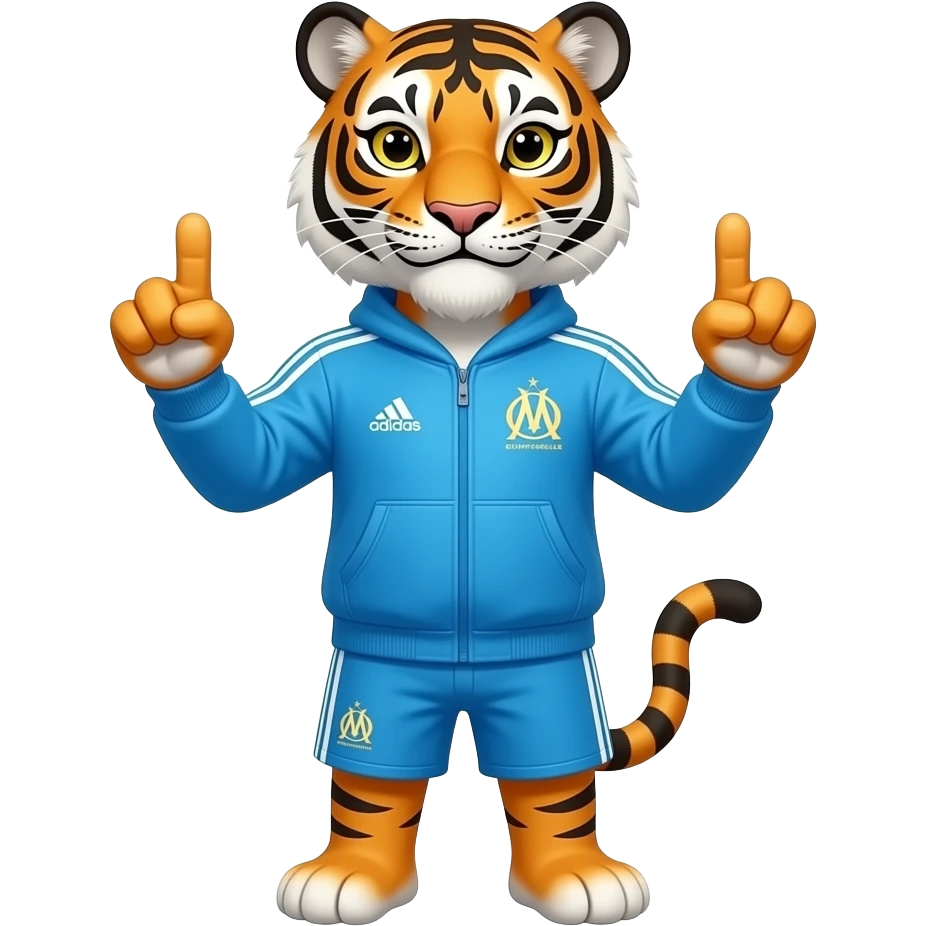 emoji tigre en survetement adidas couleur de l'olympique de marseille faisant le double signe JL avec ses mains (pouce et index relevés opossés) emoji