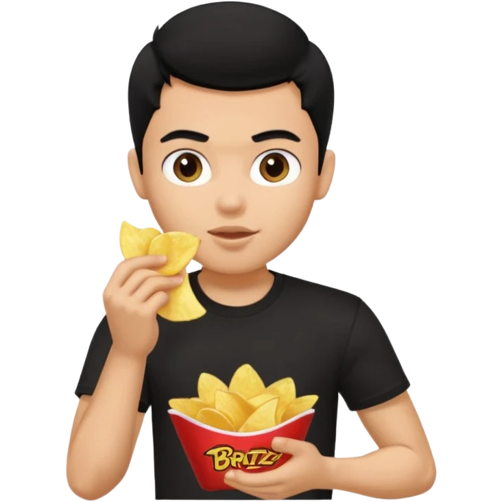 a pretty bratz guy with curly black hair in in black tshirt eating chips emoji