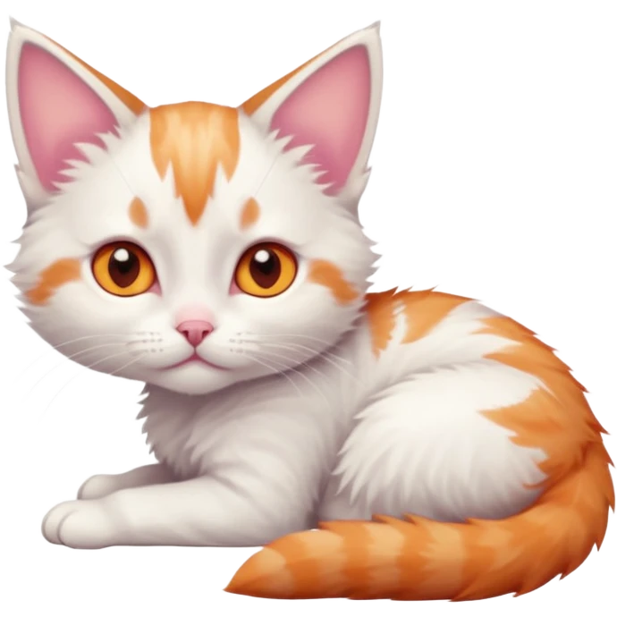 full body of very small + skinny ginger and white kitten with deep orange eyes and triangular shaped face lying down emoji