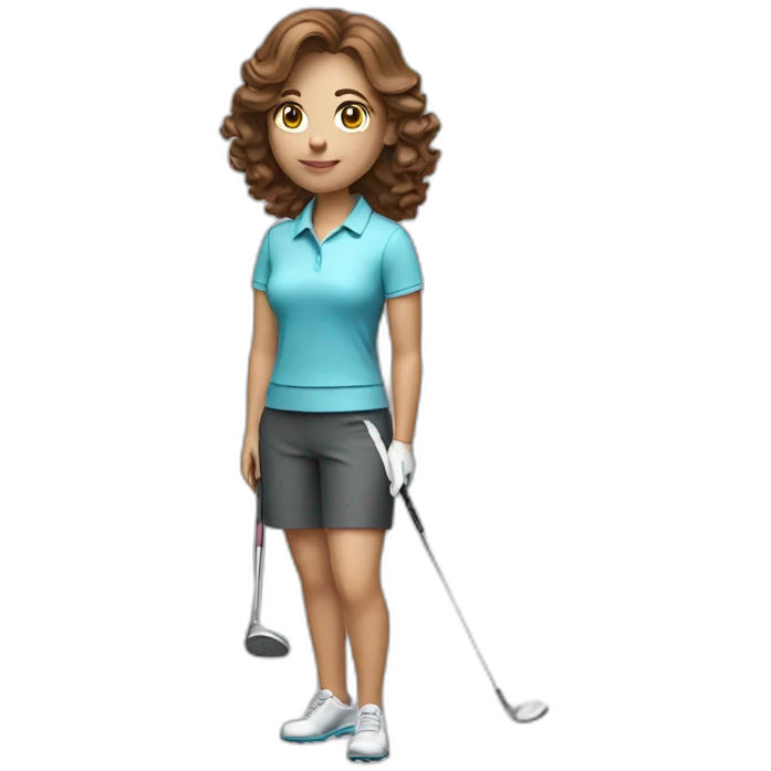 female with brown wavy hair dressed in golfwear with golf club and golf ball emoji