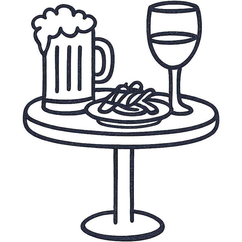cute line drawing for coloring: a bar table with snacks and drinks, simple line style, no fill, for children to color emoji