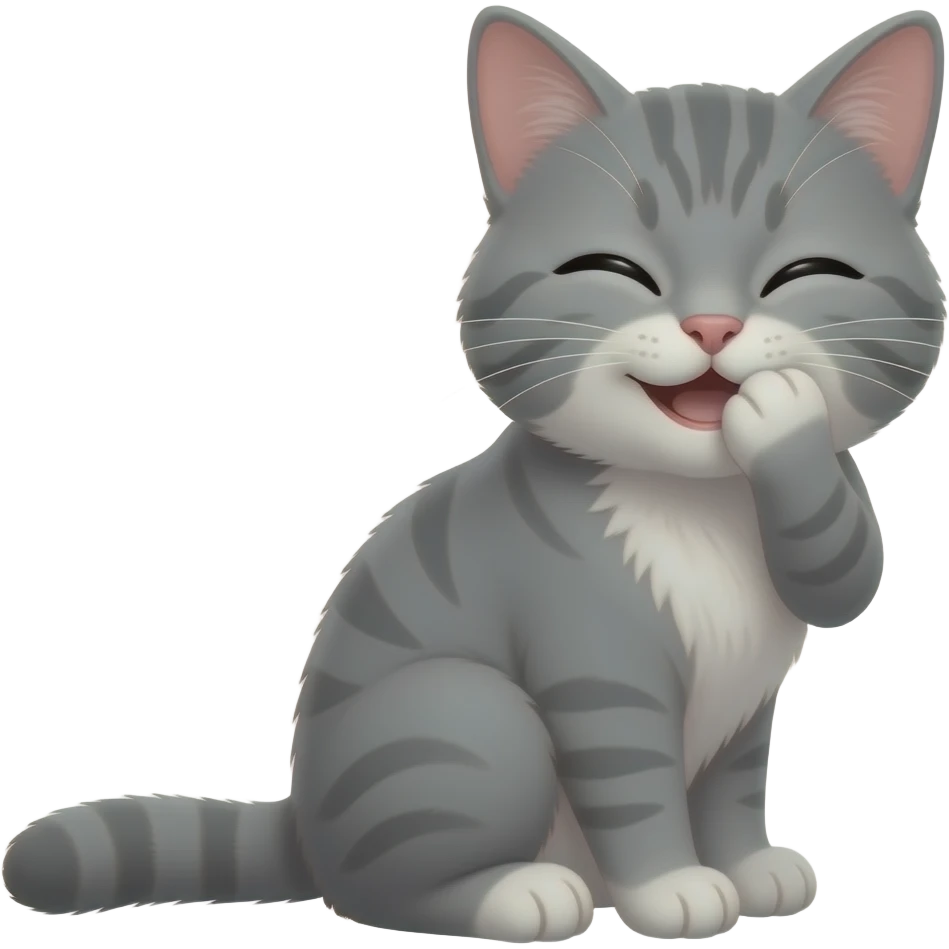 Grey cat smiling squinting looking to the side covering its mouth emoji