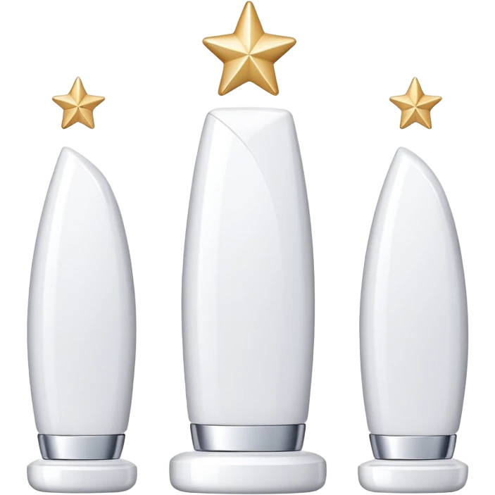 three white standing beauty products, mini stars around emoji