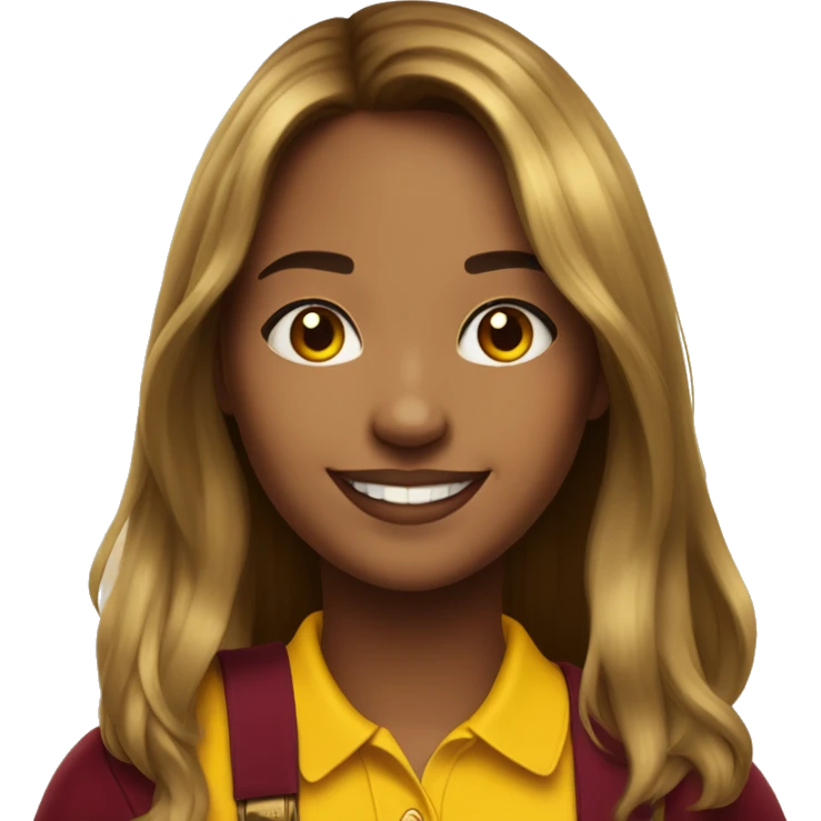 a mid length hair with curtain bangs beautiful girl smiling wearing a yellow polo with maroon id lanyard  emoji