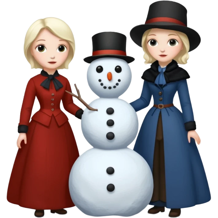 Virginia Poe and Maria Clemm 1800's full body building a snowman emoji