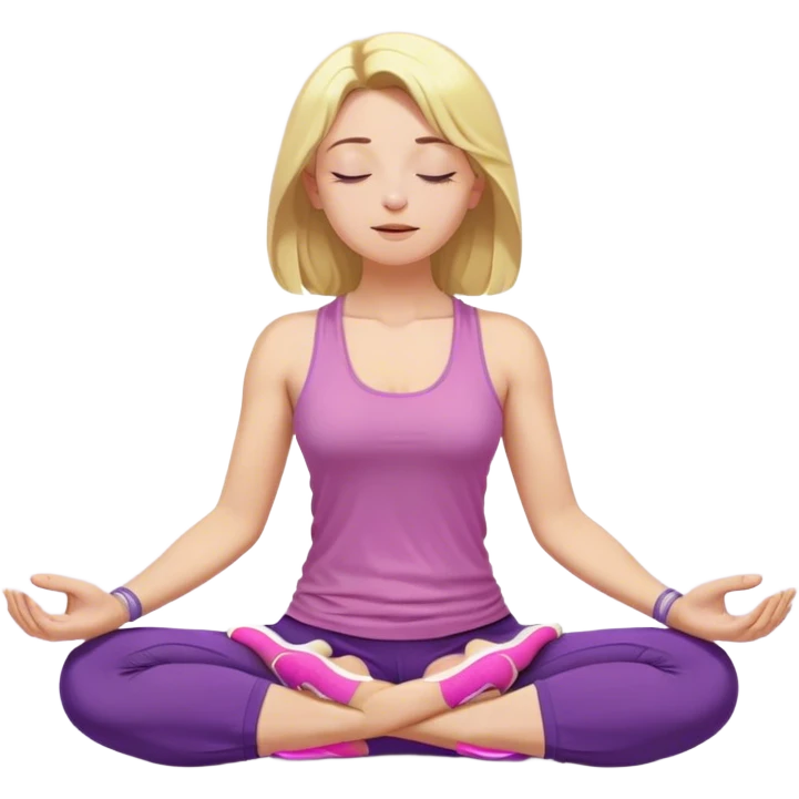 yellow-skinned woman sitting in a cross-legged meditation pose. She has shoulder-length blonde hair and wears a purple tank top, gray pants, and pink shoes. Her eyes are closed, and she has a peaceful, relaxed expression. Her hands rest on her knees with her fingers forming a meditation mudra emoji