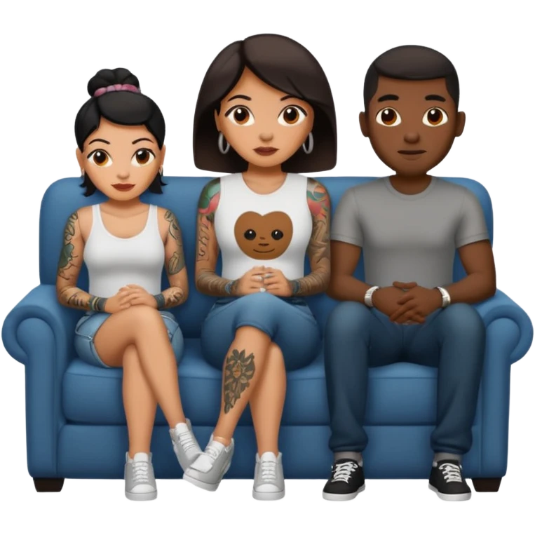 couch, naked people sitting: latina tattoed female, 2 black males emoji
