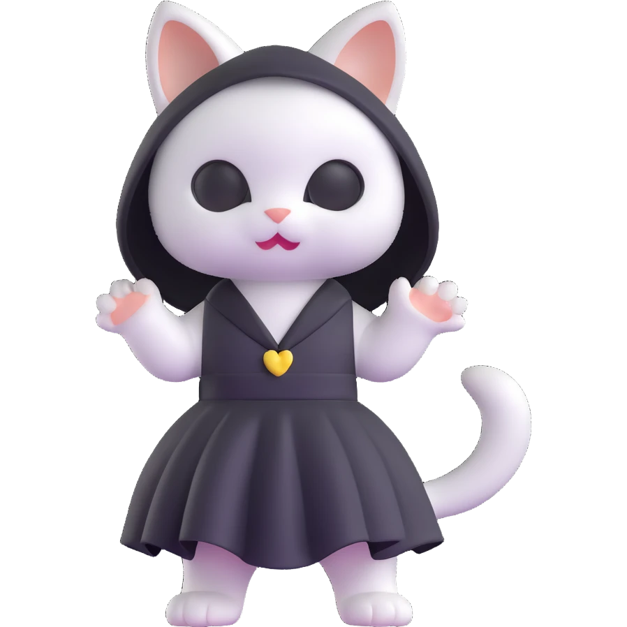 white baby cat in a black mini dress and black veil, standing and waving emoji