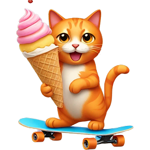 orange cat riding a skateboard and eating an ice cream cone emoji