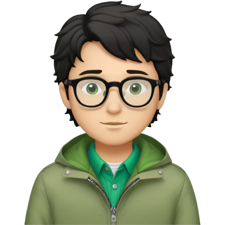 Chico con cabello negro semiodulado con ojos negros con lente chaqueta verde  emoji