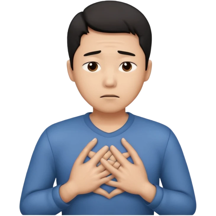 first asian man put his hands on his chest where his heart is, to showw howw he feeels. With a sad exxpression  emoji