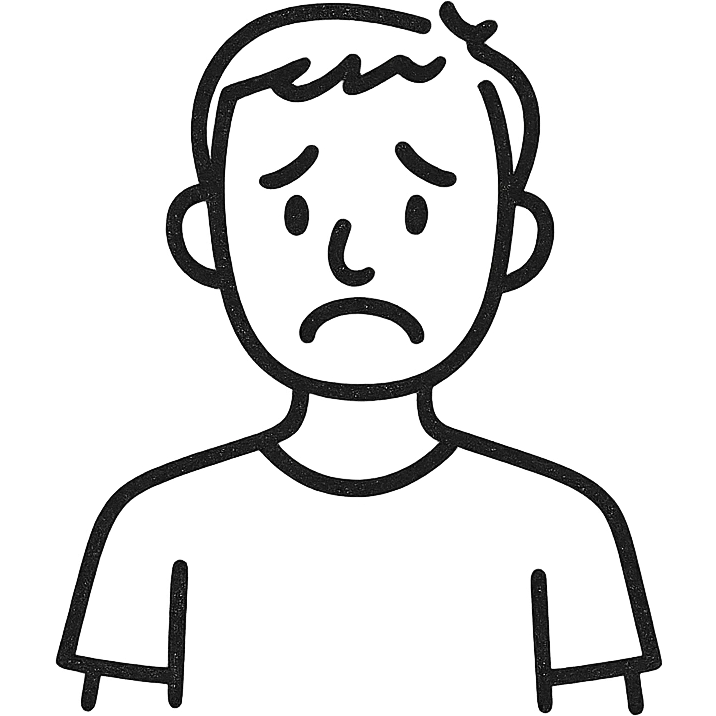 outlined icon of a man in a t-shirt, sad face, black and white, no background emoji