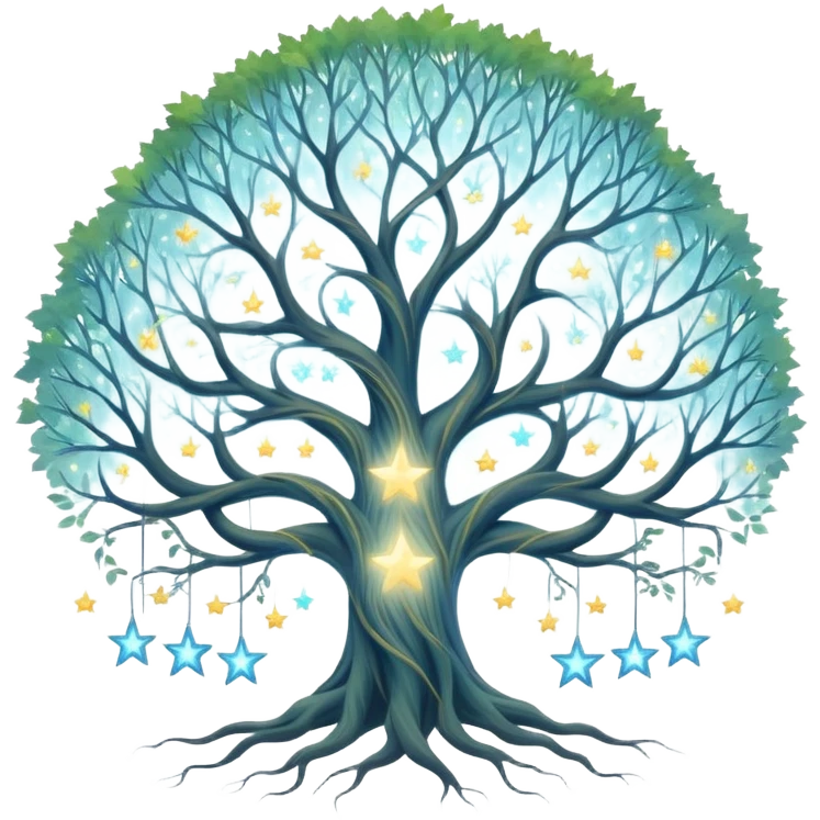 Celestial family tree with star-like portraits connected by flowing gossamer branches, ethereal ancestral connections emoji