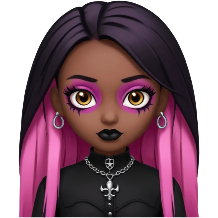 dark skin, goth bratz baddie, beautiful brown eyes, gothic black makeup, long straight black-pink hair, black gothic hair styled, black goth clothes emoji