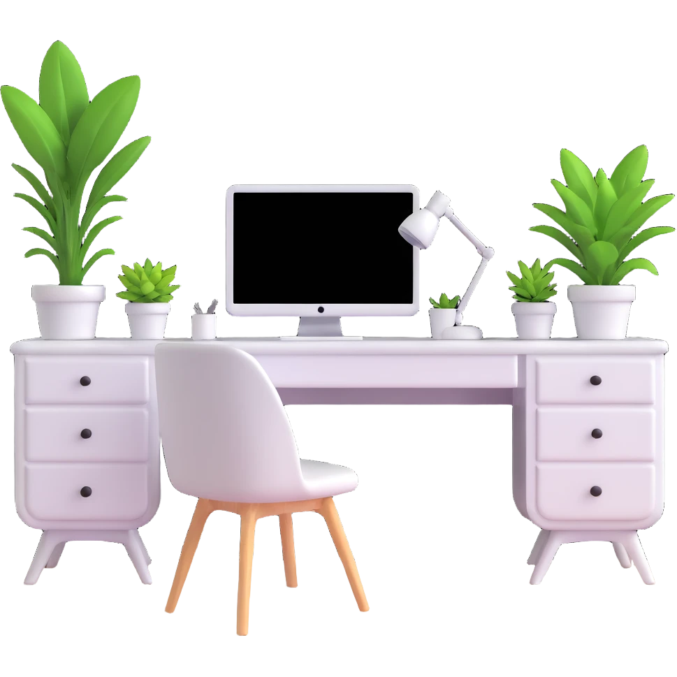 bright clean teenage room with white furniture, white vanity, white desk, white bed, and potted plants emoji