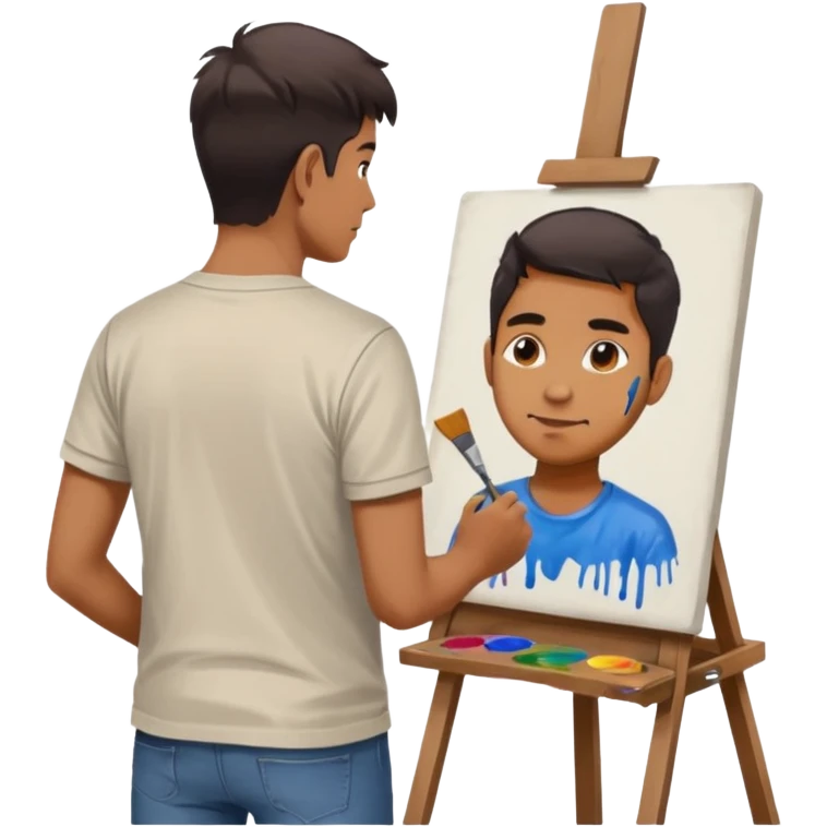 the artist stands with his back to the painting, painting a portrait emoji